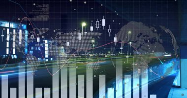 Overlaying financial charts, world map and code snippets onto nighttime street with light trails. Urban, skyline, data, analytics, technology, metropolis, digital