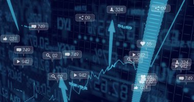 Yükselen çizgi grafiği, üst üste dizilmiş çubuk, gösterge paneline simge çağrıları ile sosyal medya analizleri sunuluyor. Dijital, veri, görselleştirme, arayüz, analitik, gösterge paneli, metrik