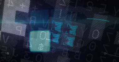 Parlak dikdörtgenler ve çubuk grafikleriyle soyut dijital arayüzü fütüristik ekranda görüntülemek. Fütürist, dijital, soyut, teknoloji, veri görselleştirme, arayüz, yüksek teknoloji