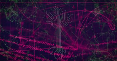 Sanal uzayda devre ağacı grafiği, neon yeşil ağ ve ızgarada yüzen pembe kod. Teknoloji, dijital sanat, siber, fütüristik, veri görselleştirme, soyut, yenilik