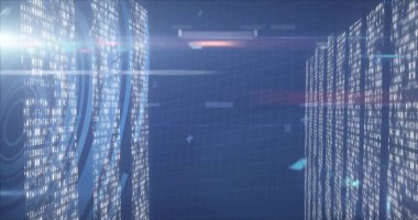 Akımlı kod sütunları, dairesel veri örtüleri, neon kılavuz çizgileri, alevler içeren sanal koridor. Dijital, teknoloji, fütürizm, neon, soyut, yenilik, siber uzay