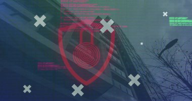 Duvarda asma kilit parmak izi, kod ve x işaretleri, sokak lambası ve çıplak dalları olan bir kalkan simgesi var. Siber güvenlik, dijital, koruma, teknoloji, şehir, güvenlik, yenilik