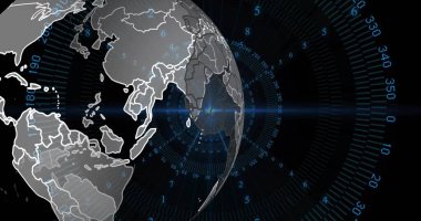 Dijital Dünya küresi veri ekranında, radyal ızgara çizgileri, sayılar, mavi mercek fişeği ile gösteriliyor. Fütürist, teknoloji, veri görselleştirme, bilim kurgu, arayüz, siber, yenilik