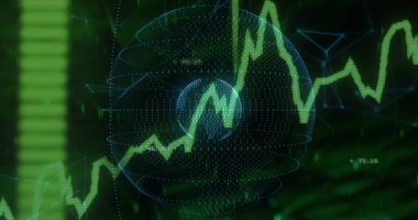 Gösterge panelinde yeşil çizgiler, üzerinde sayısal etiketler ve yeşil çizgiler olan noktalı küre gösteriliyor. Teknoloji, veri görselleştirme, finans, dijital, analitik, ağ, fütürist