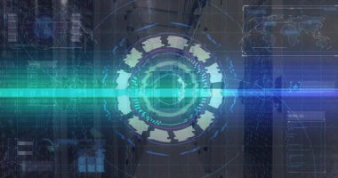 Veri merkezinde holografik dairesel HUD gösteriliyor, tarama ışını, veri panelleri, dünya haritası örtüsü. Fütürist, teknoloji, arayüz, dijital, siber güvenlik, analitik, donanımlı