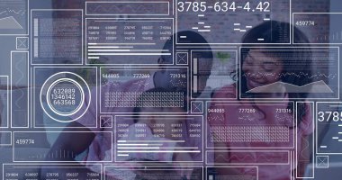 Family of three reviewing data in office, with transparent digital interface and handheld device. Technology, collaboration, innovation, data visualization, professional, modern, family-oriented
