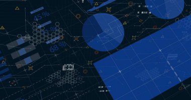 Sağ HUD 'da mavi panel gösteriliyor, altıgen kaplamalar, yüzdeler, simgeler, kesik çizgiler, kopyalama alanı. Futuristik, teknoloji, veri görselleştirme, dijital, arayüz, analiz, arayüz tasarımı