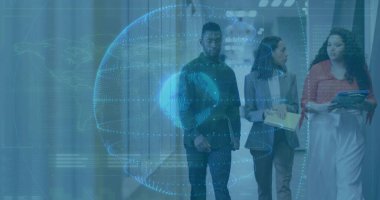 Walking three colleagues in suits examining holographic globe in office corridor with data overlays. Futuristic, innovation, collaboration, corporate, technology, data, networking
