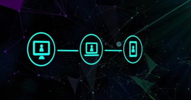 Deri rengi masaüstü, dizüstü bilgisayar ve akıllı telefon simgeleri soyut uzayda ağ örgüsüne bağlanıyor. Teknoloji, bağlantı, dijital, ağ, siber, yenilik, iletişim