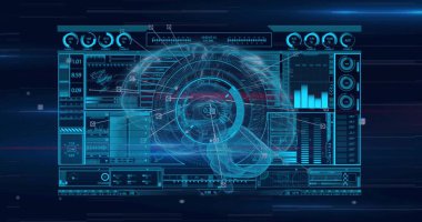 Projecting translucent 3D holographic brain over virtual interface, with HUD panels and dials. Futuristic, technology, innovation, data visualization, digital interface, dashboard, virtual reality