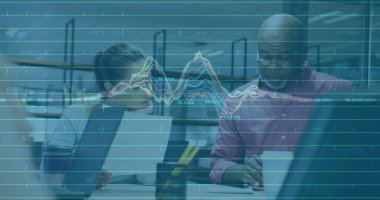 Holding report writing notes, colleagues in business attire at office with laptop, data overlay. Collaboration, professionalism, analytics, workspace, productivity, teamwork, corporate