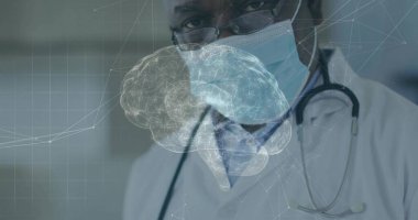 Examining doctor wearing mask, glasses and stethoscope in hospital corridor, brain hologram overlay. Medical, healthcare, innovation, futuristic, diagnostics, digital, professional