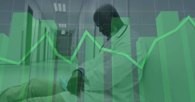 Leaning fatigued doctor in lab coat with stethoscope in hospital hallway, chart overlay, copy space. Medical, healthcare, professional, clinical, analytical, technological, healthcare industry