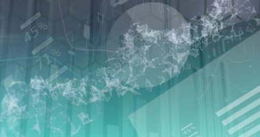 Veri UI üzerinde şebeke ve grafik örtüşmeleri ve yüzdelerle çapraz akan ağ dalgaları gösteriliyor. Teknoloji, veri, analitik, görselleştirme, yenilik, dijital, fütürist