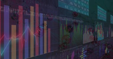 Çizgi grafiklerini, moleküler modelleri, sayısal panelleri ve sanal ızgaradaki ağ çizgilerini gösteren çubuk çizelgesi. Teknoloji, veri analizi, görselleştirme, fütüristik, bilimsel, dijital, finans