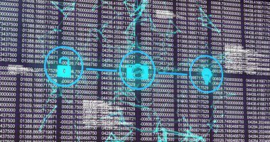 Cyan asma kilit mikroçip avatar simgeleri görüntüleniyor. Veri ızgarası üzerinden monitöre aktarılıyor. Siber güvenlik, veri koruması, dijital ağ, şifreleme, teknoloji, bilgi güvenliği, geleceksel