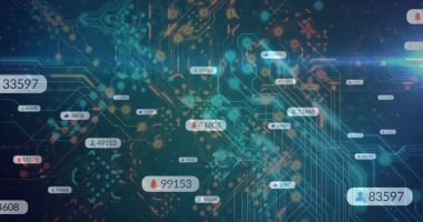 Karanlık dijital arayüzde, yüzen veri etiketleri ve düğümleriyle parlayan dijital ağ görüntüleniyor. Teknoloji, siber güvenlik, veri görselleştirme, fütüristik, yenilik, bağlantı, dijital ortam