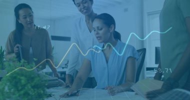 Reviewing four women collaborating around table at office, with data charts tablet and coffee cup. Collaboration, teamwork, data analysis, finance, professional, modern, office environment