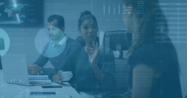 Gesturing female wearing blouse holding coffee mug and discussing data charts at conference table. Collaboration, teamwork, analytics, presentation, modern office, digital, professional