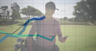 Analyzing smartphone data overlay, middle-aged golfer in pink polo carrying golf bag on fairway. Athletic, leisure, outdoor, modern, strategic, precision, active