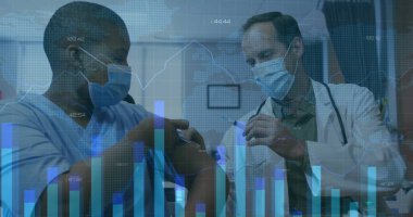 Injecting physician administering vaccine into patient arm at vaccination clinic, with data overlay. Medical, clinical, healthcare, vaccination, immunization, medical staff, data visualization