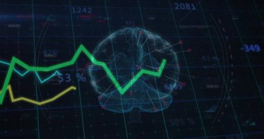 Renkli trend çizgileri ve sayısal etiketleriyle dijital ızgarada üç boyutlu net kablo çerçeveli beyin yüzüyor. Fütüristik, veri görselleştirme, sinirsel, teknoloji, analitik, yenilikçi, soyut