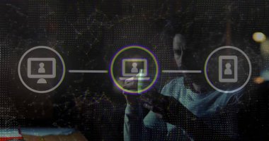 Inspecting smartphone, man wearing long sleeves navigating icons on wooden desk in study. Technology, connectivity, digital, innovation, remote, networking, futuristic