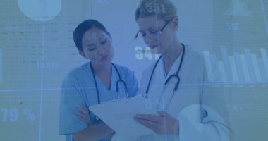 Nurse and doctor examining chart data overlays in corridor with clipboard, stethoscopes, eyeglasses. Medical, technology, collaboration, healthcare, data visualization, professional, modern