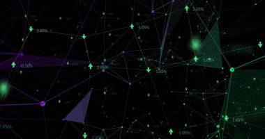 Düğümler, çizgiler, oklar, yüzdelik etiketler ile dijital uzayda düğüm ve bağlantı ağı gösteriliyor. Gelecek, teknoloji, bağlantı, dijital, yenilik, veri görselleştirme, soyut