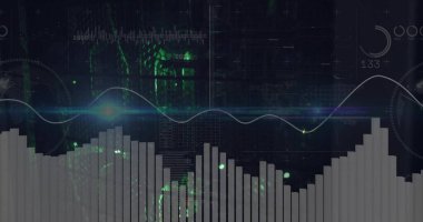 Parlak çizgi grafiği HUD içeren yeşil kod kalıpları ile ızgarada beyaz çubuk grafiği gösteriliyor. Teknoloji, veri, analitik, fütürizm, görselleştirme, arayüz, dijital