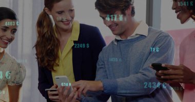 Professionals in business attire reviewing digital currency overlays in office with smartphones. Technology, collaboration, financial, innovation, teamwork, modern, digital