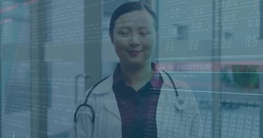 Standing Chinese doctor reflecting calmly in clinic corridor, with stethoscope, encryption overlay. Medical, healthcare, technology, digital, cybersecurity, professionalism, serenity