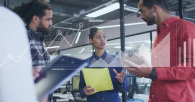 Woman holding folder briefing colleagues in office, with tablet laptop glass partitions, copy space. Collaboration, teamwork, analytics, data visualization, modern office, professional discussion, business environment