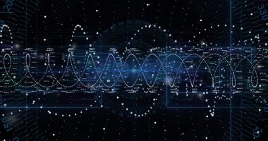 Şebeke çizgileri üzerinde, eksen etiketleri ve veri noktaları ile kesişen noktalı dalga biçimi gösteriliyor. Fütürist, teknoloji, analitik, siber, görselleştirme, dijital, arayüz