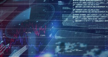 Kontrol odasında kırmızı-mavi çizelgeler,% etiketler ve kod bloklarıyla veri gösteriliyor. Teknoloji, analitik, yenilik, arayüz, fütüristik, gösterge paneli, veri