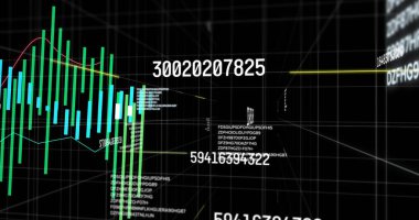 Sanal 3D ızgara, yeşil çubuk ve çok renkli çizgilerde sayısal üstüste konan çubuk grafiği gösteriliyor. Veri, analitik, teknoloji, dijital, görselleştirme, siber alan, yenilik