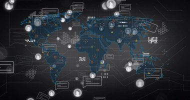 Kullanıcı simgeleri, sohbet baloncukları ve bağlantı hatları içeren karanlık ızgara üzerinde ağ haritası arayüzü gösteriliyor. Teknoloji, bağlantı, siber güvenlik, veri görselleştirme, dijital altyapı, yenilik, egemenlik