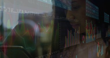 Holding smartphone Asian woman wearing blouse viewing charts on transparent dashboard in office. Futuristic, analytics, technology, professional, workspace, innovation, insight
