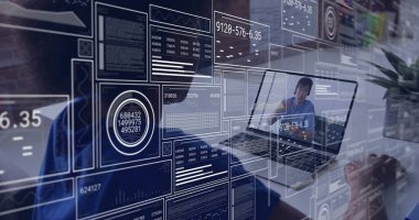 Typing on laptop keyboard at home office desk, displaying AR panels with coffee mug, potted plant. Technology, innovation, collaboration, futurism, data visualization, remote work, modern design