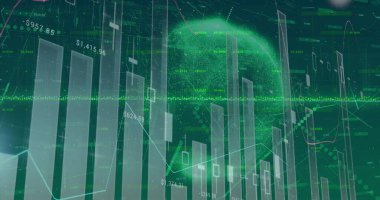 Fiyat etiketlerini, küreyi gösteren ticaret platformunda çubuk çizelgeleri, şamdan ve çizgi grafikleri gösteriliyor. Finansal analizler, veri görselleştirme, teknoloji, dijital arayüz, iş zekası, fütüristik, yatırım