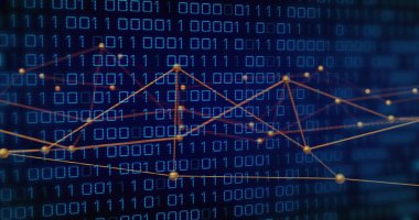 Koyu mavi ikili basamaklı matris üzerinde küresel düğümleri birbirine bağlayan parıldayan altın ağ grafiği gösteriliyor. Teknoloji, bağlantı, veri, analitik, siber uzay, fütüristik, dijital