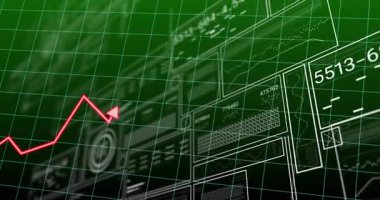 Soldan başlayan kırmızı zigzag çizgisi, veriyle birlikte kablo şebekesi panellerini güncelliyor ve sonra sağdan çıkıyor. Gelecek, veri, görselleştirme, teknoloji, soyut, dijital, dinamik