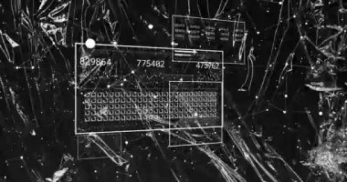 Klavye ızgarası güncel verileri gösterirken, tel çerçeve dikdörtgenleri koyu alan üzerinde oluşup yer değiştiriyor. Soyut, veri görselleştirme, geleceksel, dijital arayüz, teknoloji, siber, yüksek teknoloji