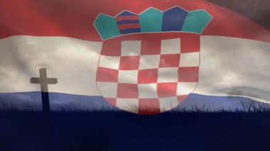 Şiddetli rüzgar kaldırıyor ve dalgalanan Hırvat bayrağı, siluet çapraz çapraz çapraz dayanak yaparken armayı ortaya çıkarıyor. Vatanseverlik, açık hava, dinamik, hareket, sembolizm, manzara, kumaş