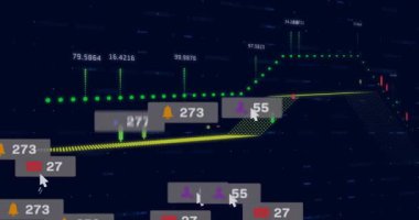 Yeşil veri hattı karanlık şebekede beliriyor, dalgalanıyor, ikonlar üretiyor, çarpışma zirvelerini haritalıyor. Analizler, görselleştirme, dijital arayüz, veri eğilimleri, gösterge simgeleri, fütüristik biçim, teknoloji