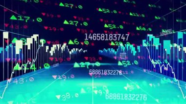 Cyan ızgara koridoru çubuk çizelgeleri açılıyor, çizgiler sallanıyor, ilerleyen tünel oluşuyor. Gelecekçi, analitik, dijital, teknoloji, finans, veri, görselleştirme