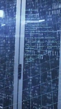 Animation of mathematical equations and data processing over server room. Global technology, computing and digital interface concept digitally generated video.