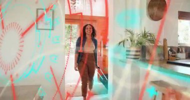 Kapıdaki kiralık odayı kiralayan çift, hareketli zemin planı, gülümseyen bir adayı işaret ediyor. Gezgin, macera, rahat, köylü, keşif, yaşam tarzı, eğlence