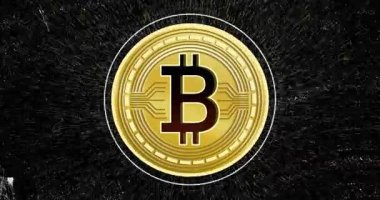 Altın çizgisi oluşumu Bitcoin madeni parasının ortaya çıkmasını, döndürülmesini, halkaların titreşimli sahneyi tetikler. Kripto para birimi, engelleme zinciri, dijital para birimi, fütüristik, teknoloji, yenilik, başarı