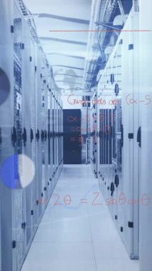 Animation of mathematical equations and data processing over server room. Global technology, computing and digital interface concept digitally generated video.